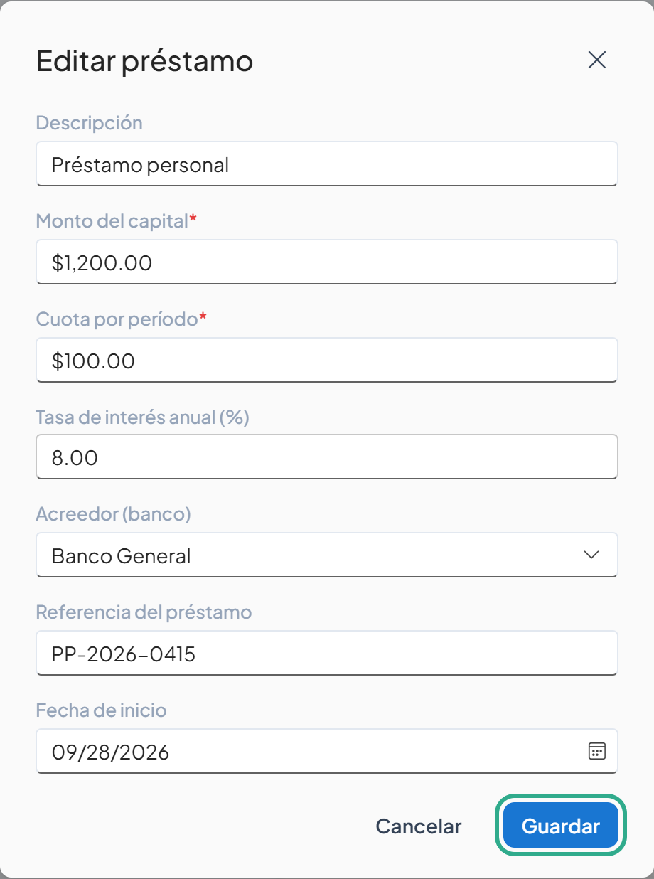 Cuadro Editar préstamo con los datos del préstamo y el botón Guardar resaltado