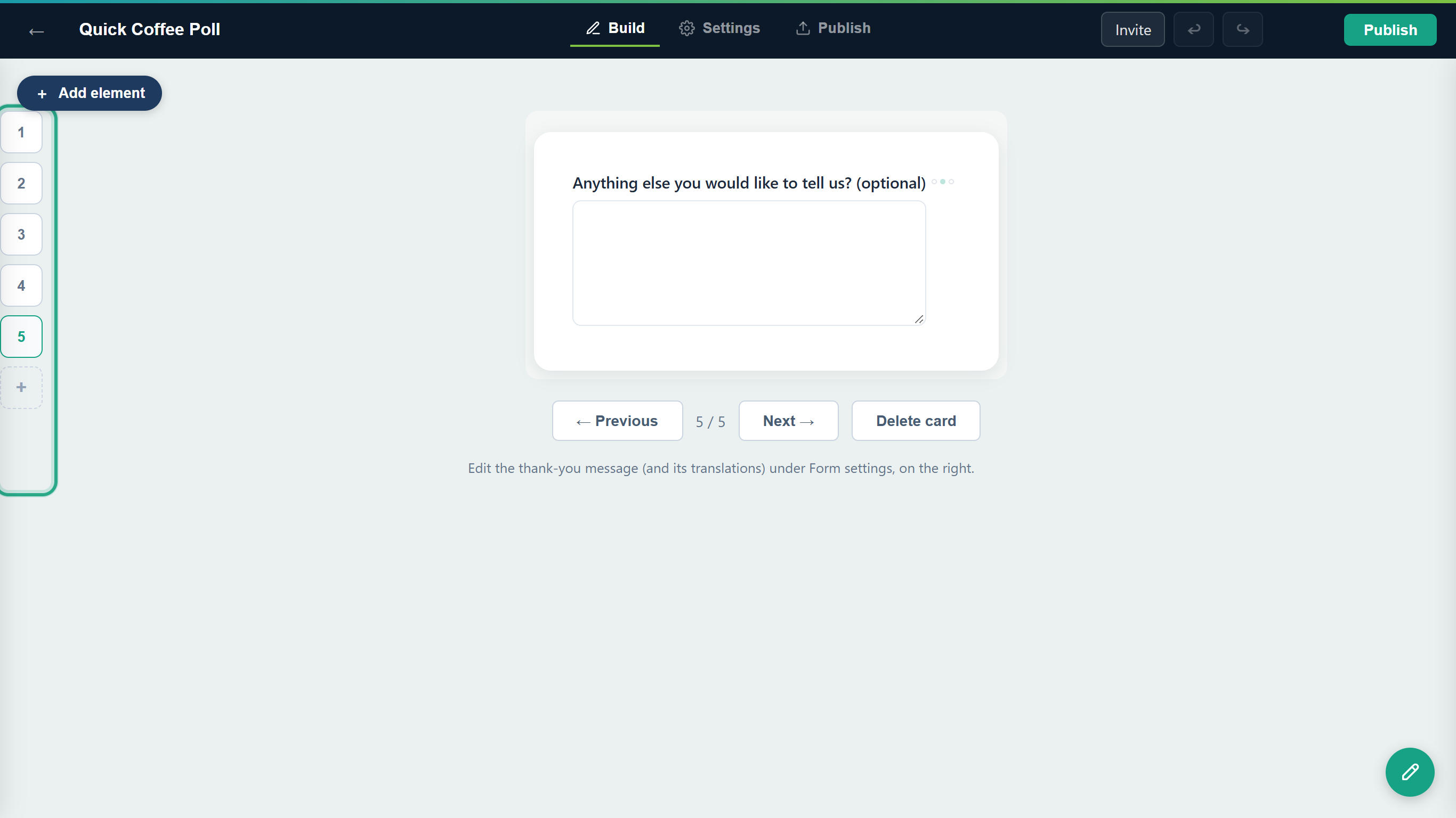 The card list on the left outlined, with cards 1 to 5 and the plus button, while card 5 with the optional comment question is open