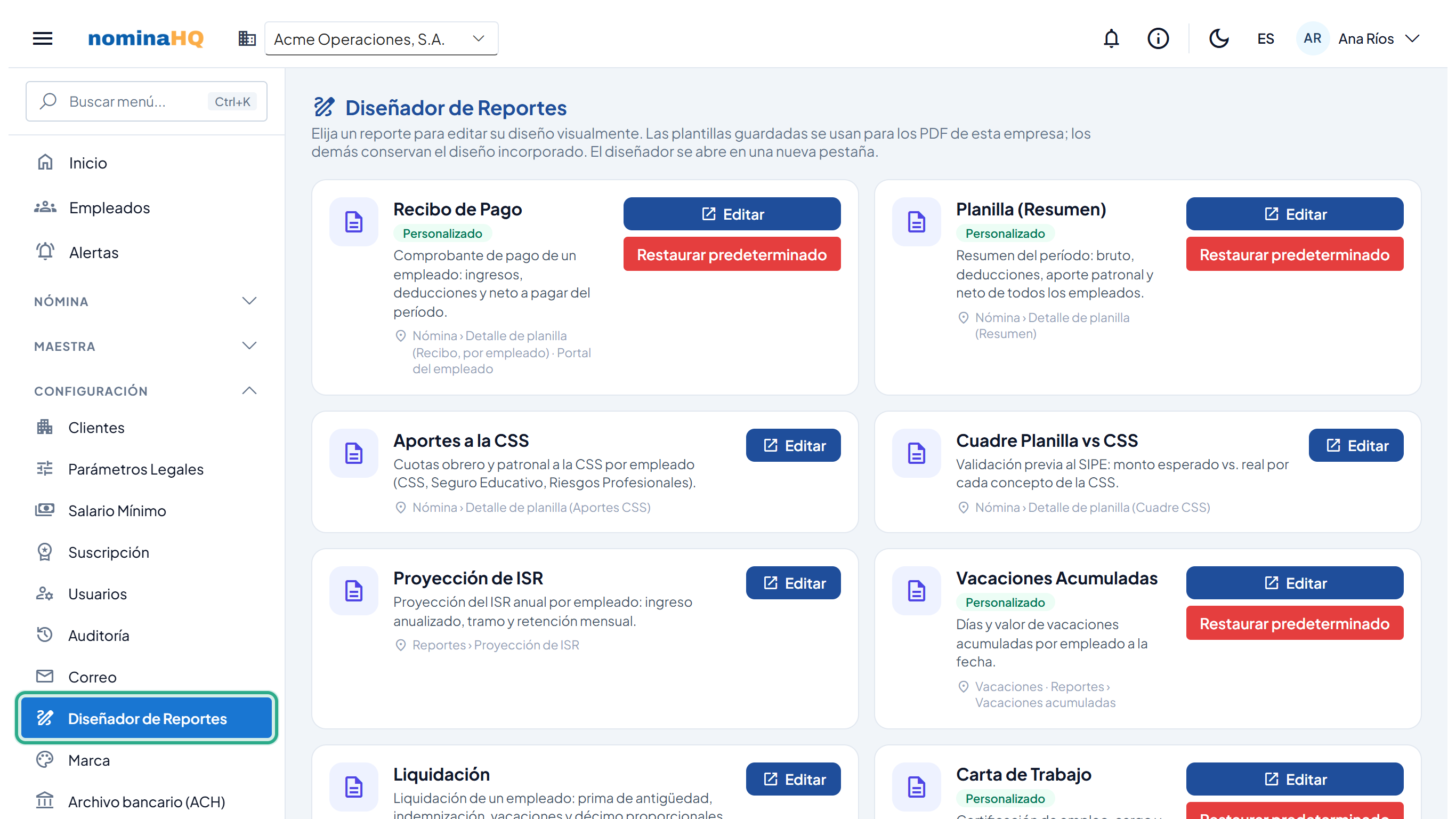Pantalla Diseñador de Reportes con el elemento del menú Configuración resaltado