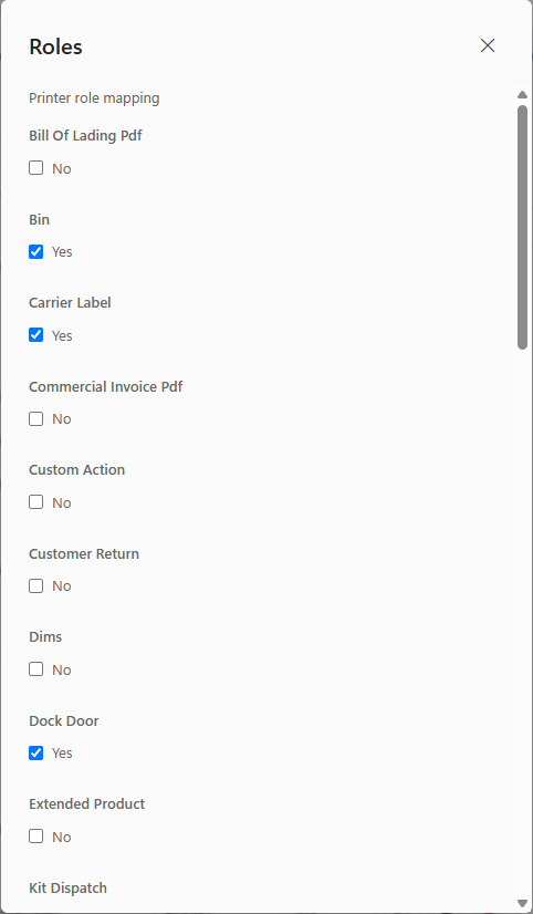 The Roles dialog of a printer