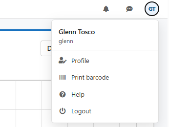 The user menu open, showing Profile, Print barcode, Help and Logout