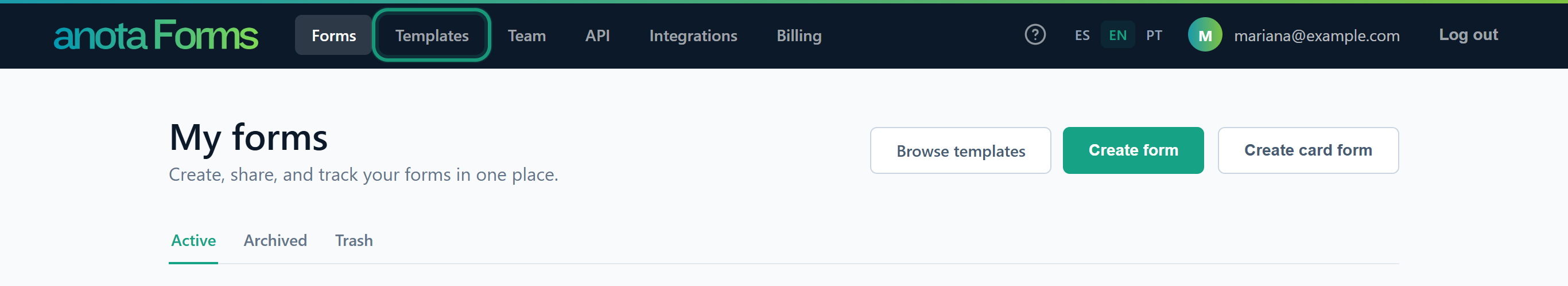 The My forms page with the Templates link in the top bar outlined