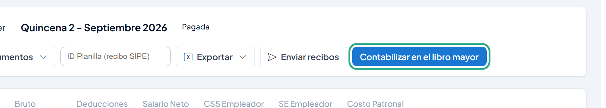 Barra superior de la planilla Pagada con el botón Contabilizar en el libro mayor resaltado
