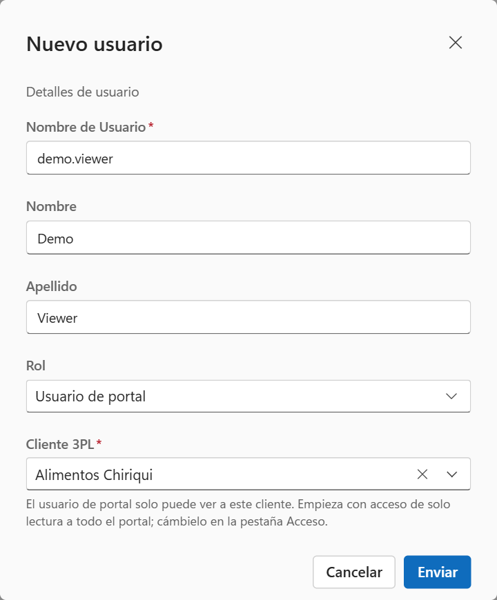 El cuadro Nuevo usuario con el rol Usuario de portal y un cliente elegido