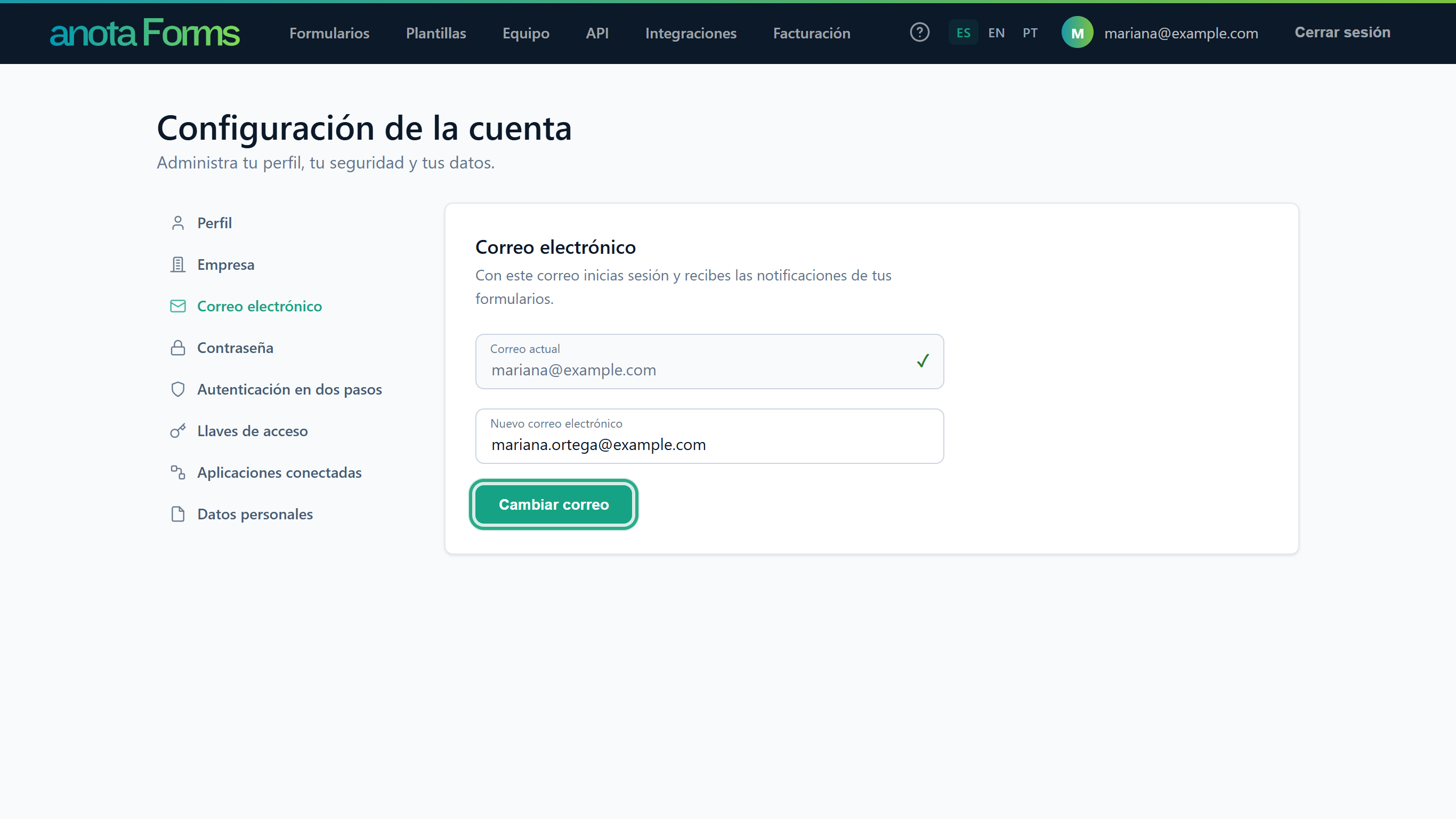 El cuadro Nuevo correo electrónico con mariana.ortega@example.com y el botón Cambiar correo resaltado