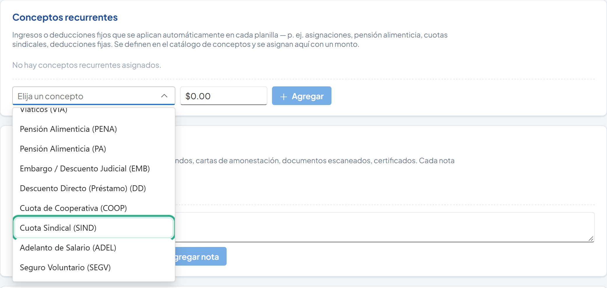 Lista de conceptos desplegada con Cuota Sindical (SIND) resaltada