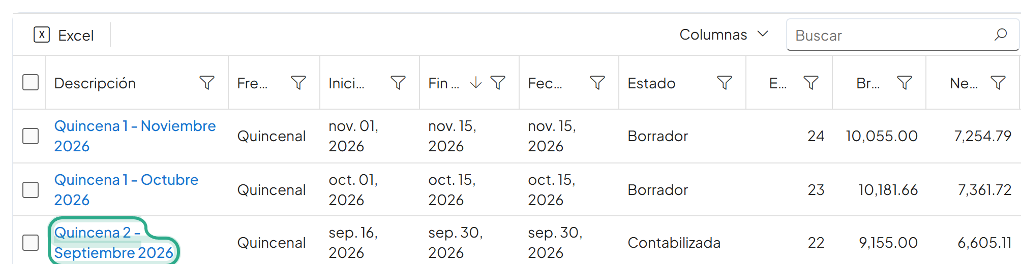 Lista de planillas con el enlace Quincena 2 - Septiembre 2026 resaltado