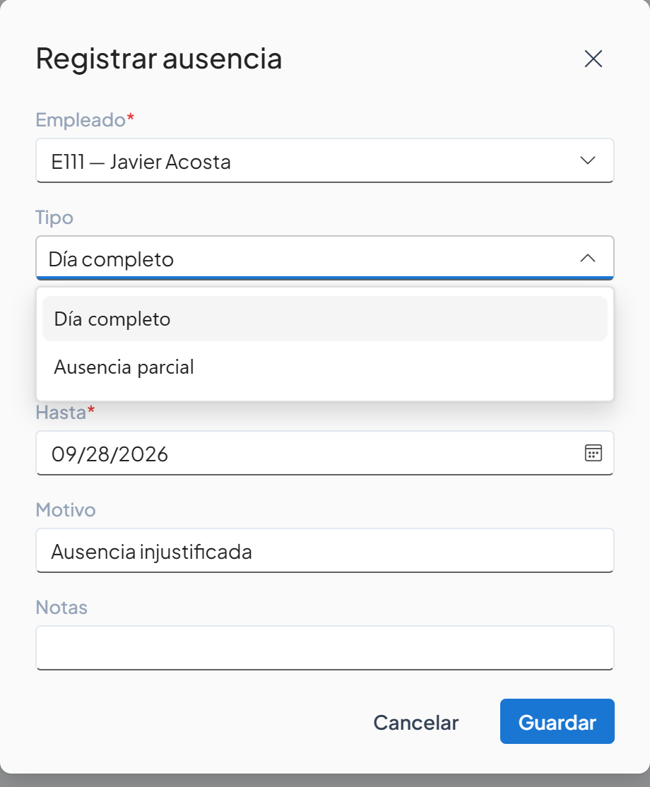 Lista Tipo abierta con las opciones Día completo y Ausencia parcial