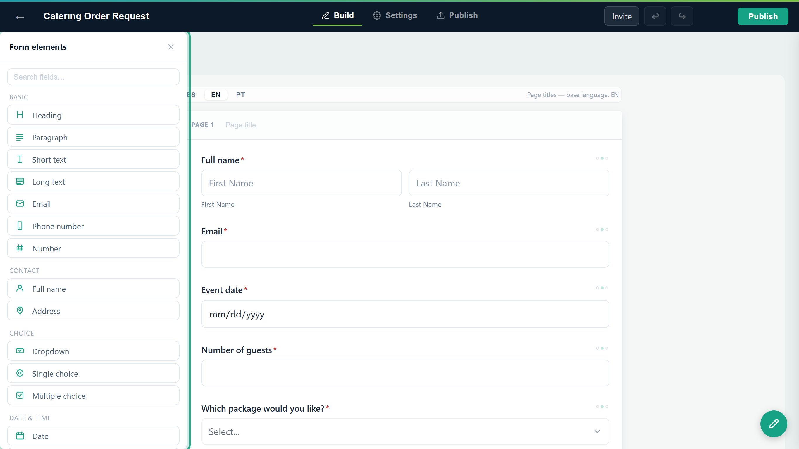 The Form elements panel open on the left with the search box and the Basic, Contact and Choice categories, outlined