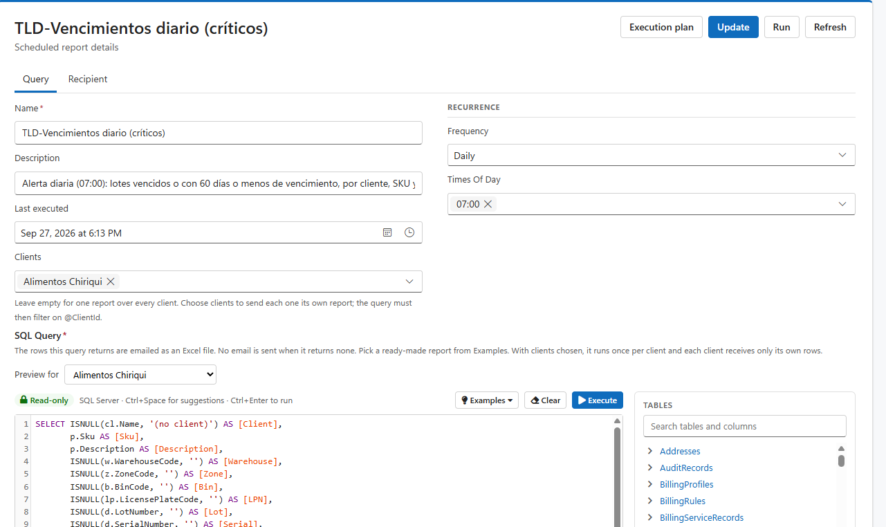 The Query tab: Name, Description, Last executed and Clients on the left, the recurrence on the right, and the SQL editor with its Examples, Clear and Execute buttons and the Tables panel below