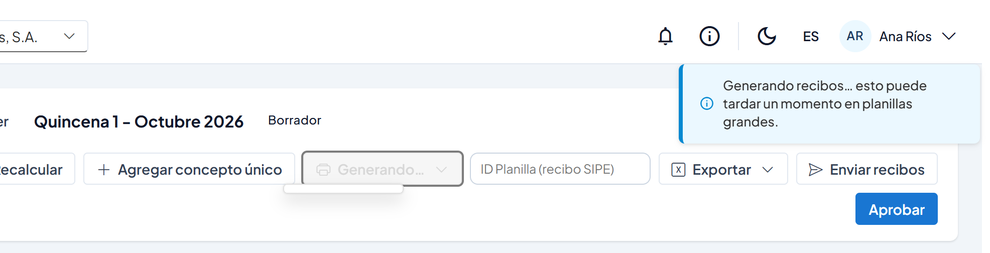 Botón Documentos en estado Generando y el aviso Generando recibos