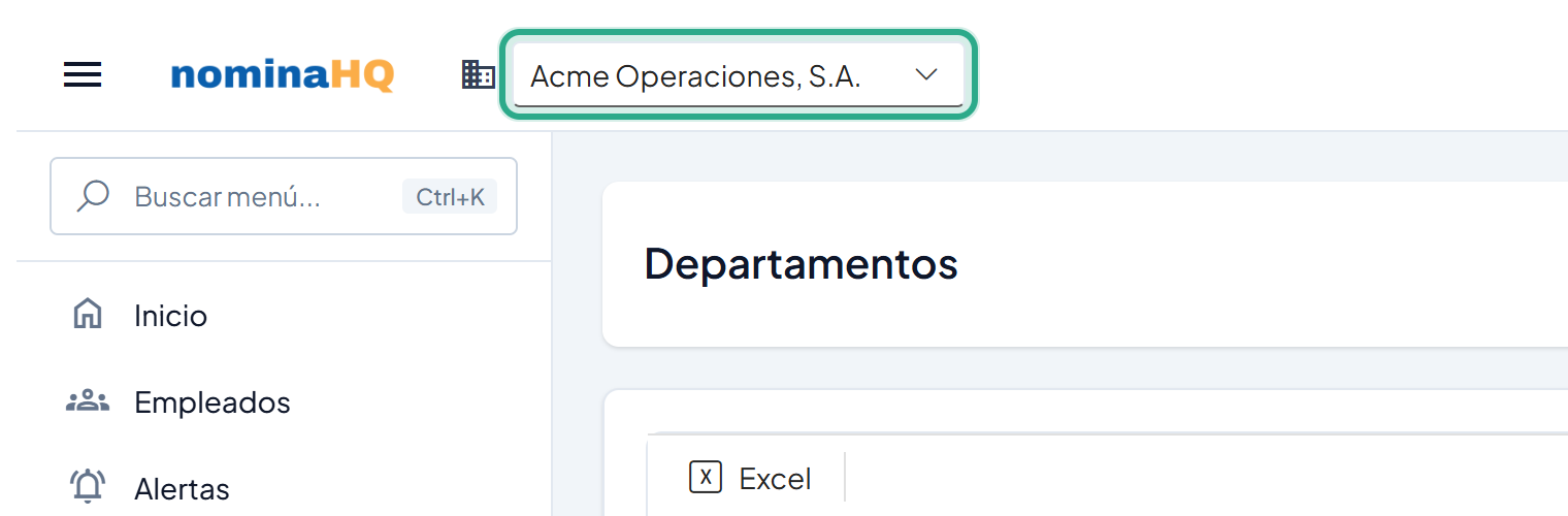 Selector de empresa de la barra superior resaltado con Acme Operaciones, S.A.