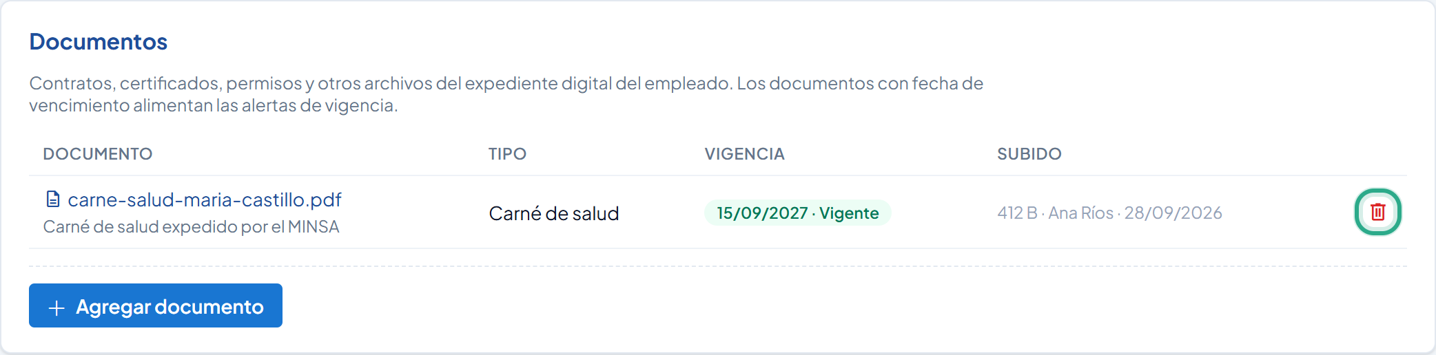 Ícono de papelera resaltado en la fila del documento