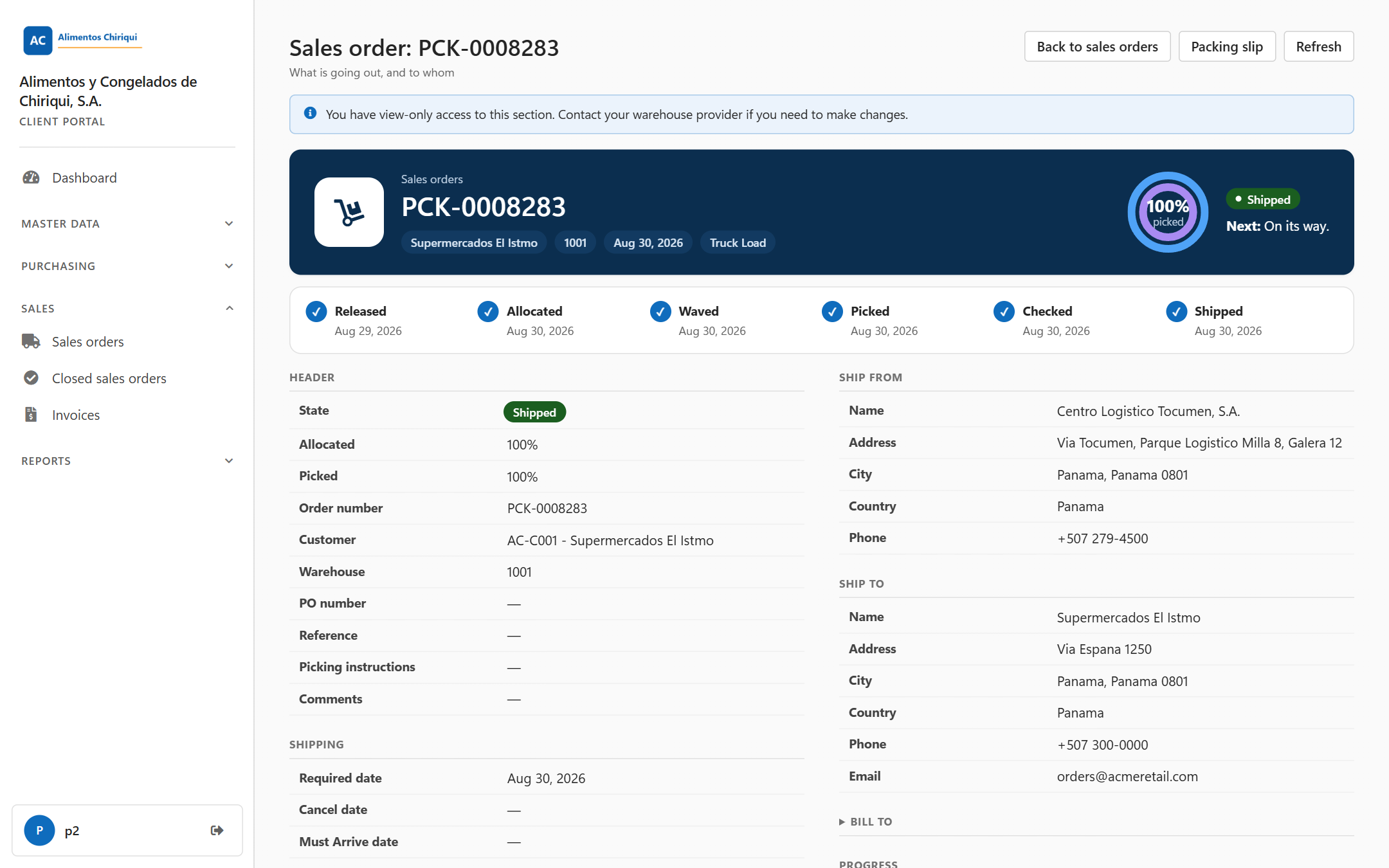 An order page opened by a view-only user, with the blue view-only note and no Edit order button