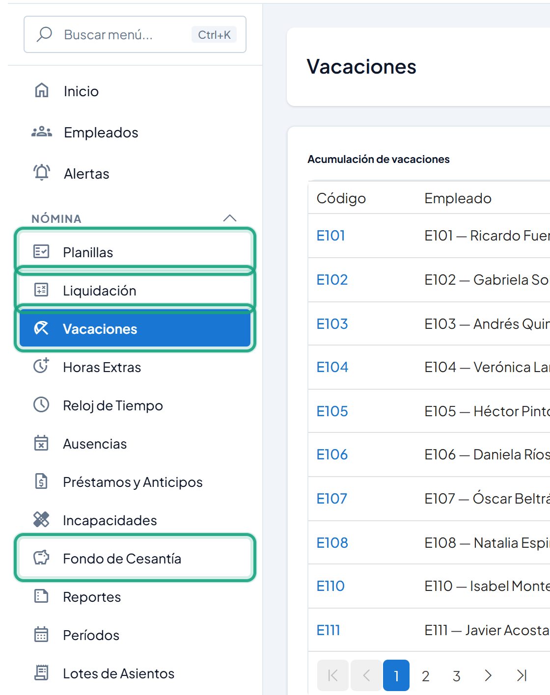 Menú Nómina con Planillas, Liquidación, Vacaciones y Fondo de Cesantía resaltados