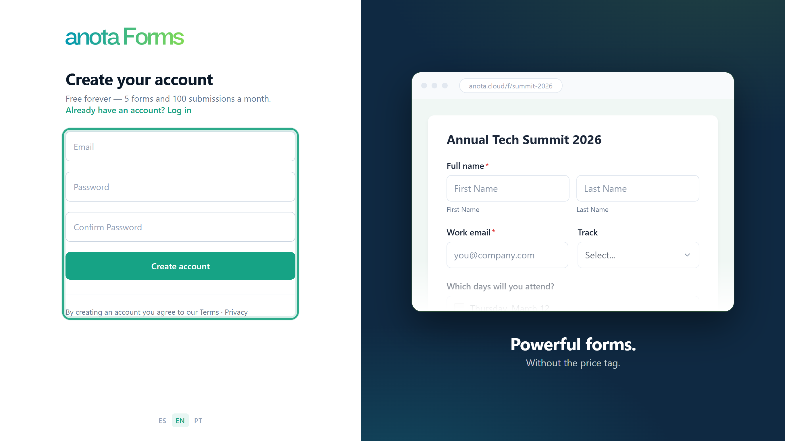 The Create your account page with the Email, Password and Confirm Password fields outlined