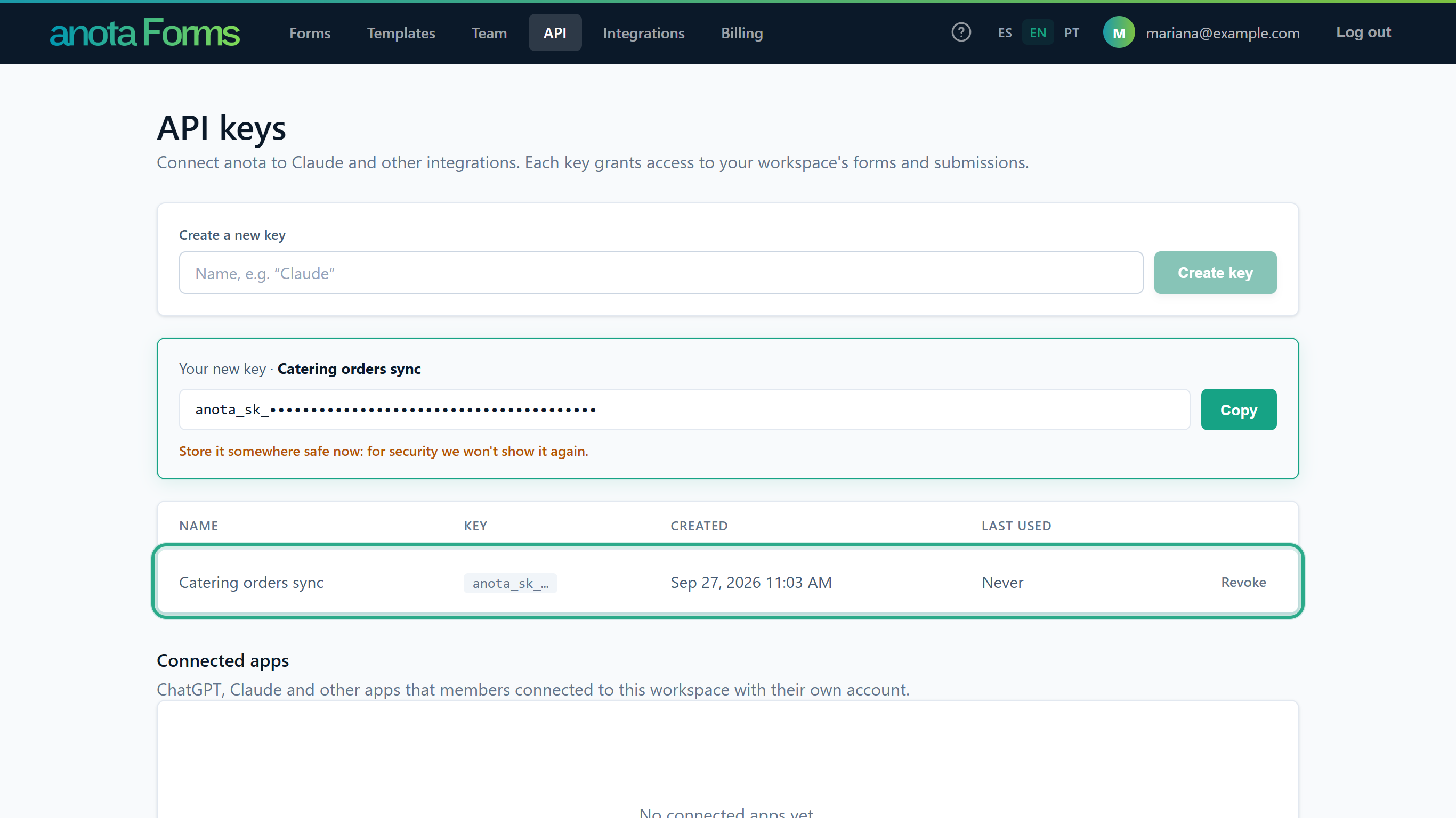 The keys table with the Catering orders sync row outlined: anota_sk_…, Sep 27, 2026 11:03 AM, Never and Revoke