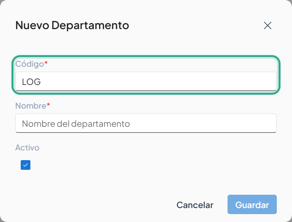 Cuadro Nuevo Departamento con el campo Código resaltado y el valor LOG