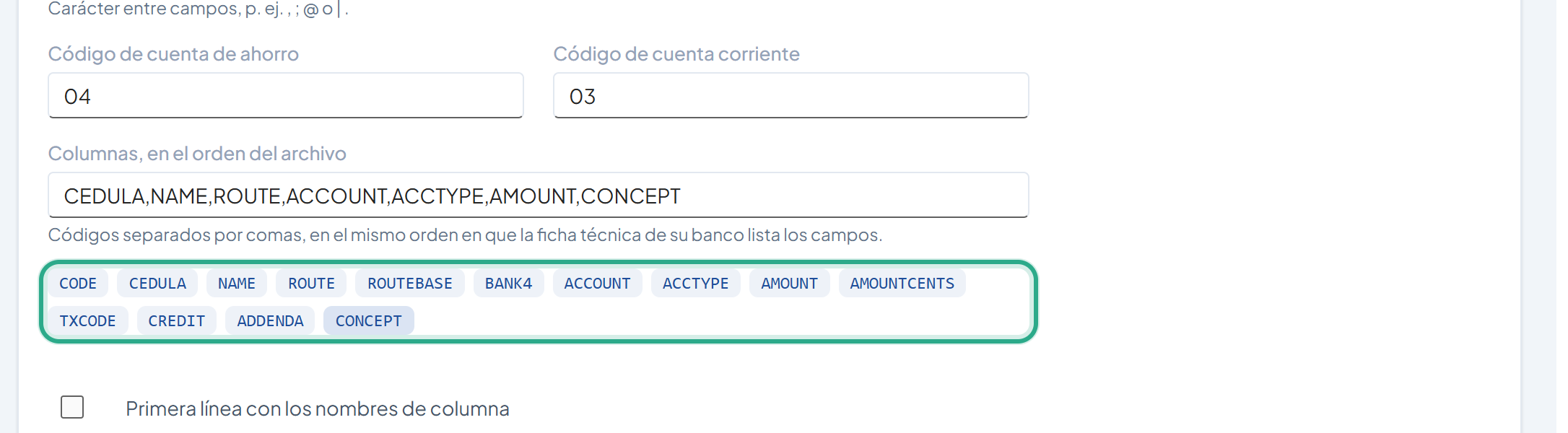 Lista de códigos de columna resaltada bajo el campo Columnas, que muestra CEDULA,NAME,ROUTE,ACCOUNT,ACCTYPE,AMOUNT,CONCEPT