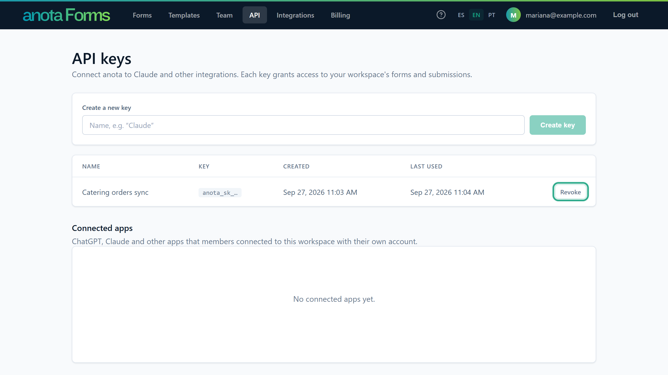 The Revoke button outlined in the Catering orders sync row, whose Last used shows Sep 27, 2026 11:04 AM