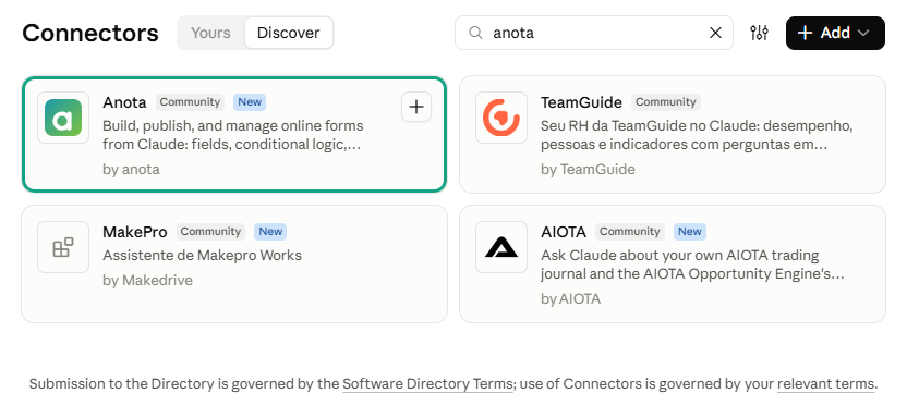 Claude's Connectors screen on the Discover tab, with "anota" in the search box and the Anota card outlined