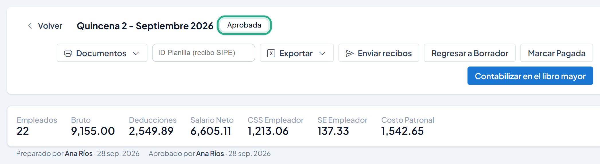 Planilla en estado Aprobada con los botones Regresar a Borrador, Marcar Pagada y Contabilizar en el libro mayor