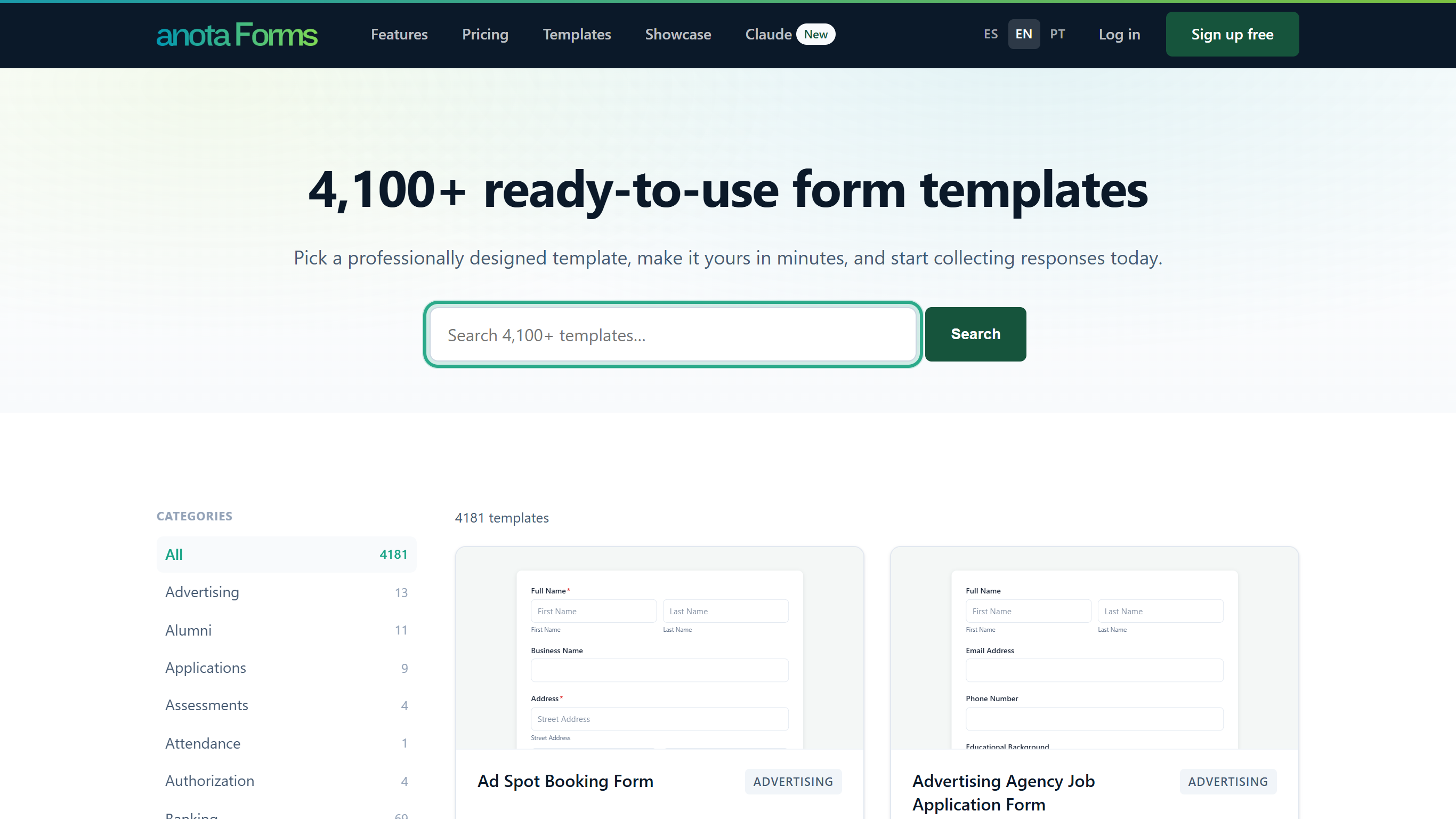 The public gallery page headed 4,100+ ready-to-use form templates, with the search box outlined