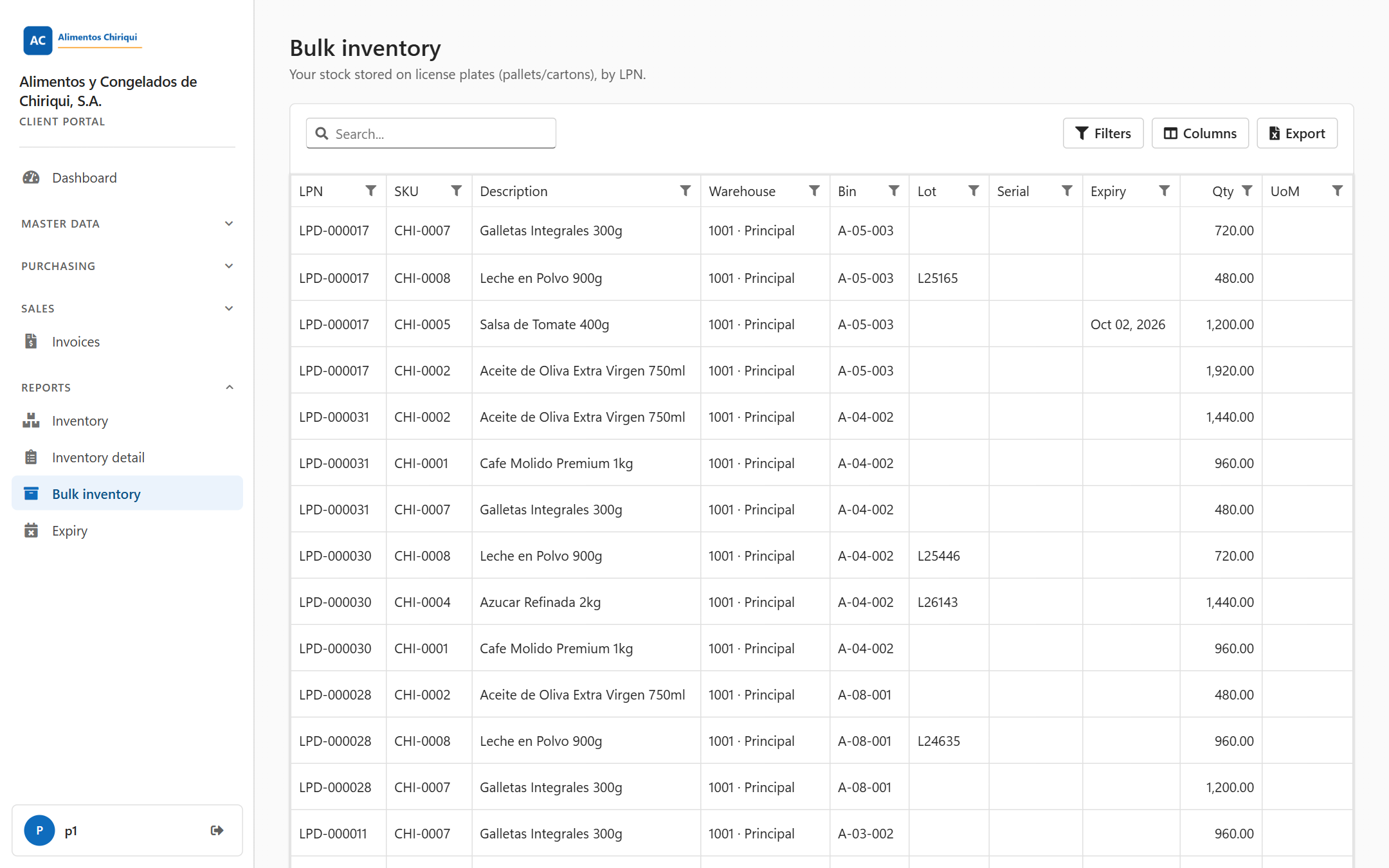 The Bulk inventory report with the LPN column first