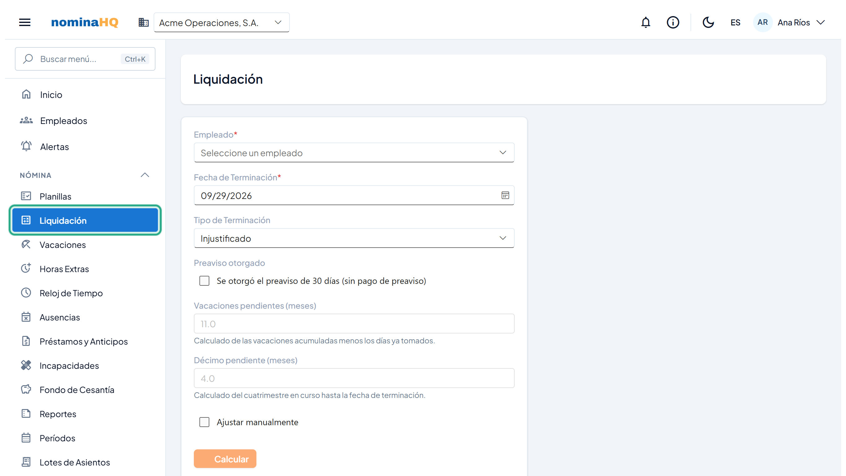 Pantalla Liquidación con el menú Nómina → Liquidación resaltado