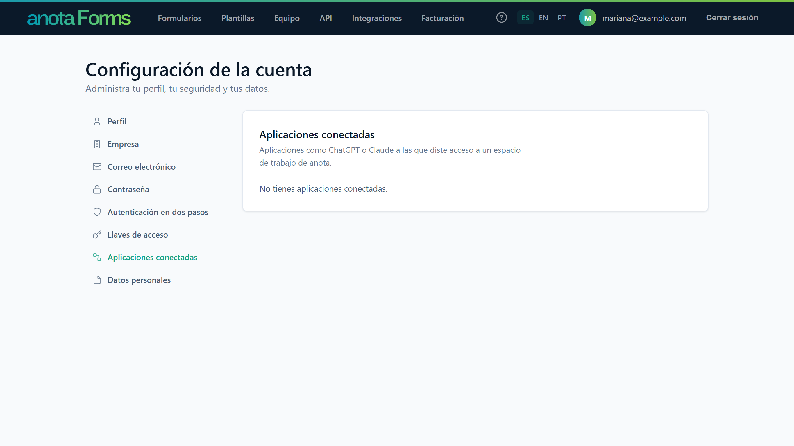 El apartado Aplicaciones conectadas, Aplicaciones como ChatGPT o Claude a las que diste acceso a un espacio de trabajo de anota, con No tienes aplicaciones conectadas.