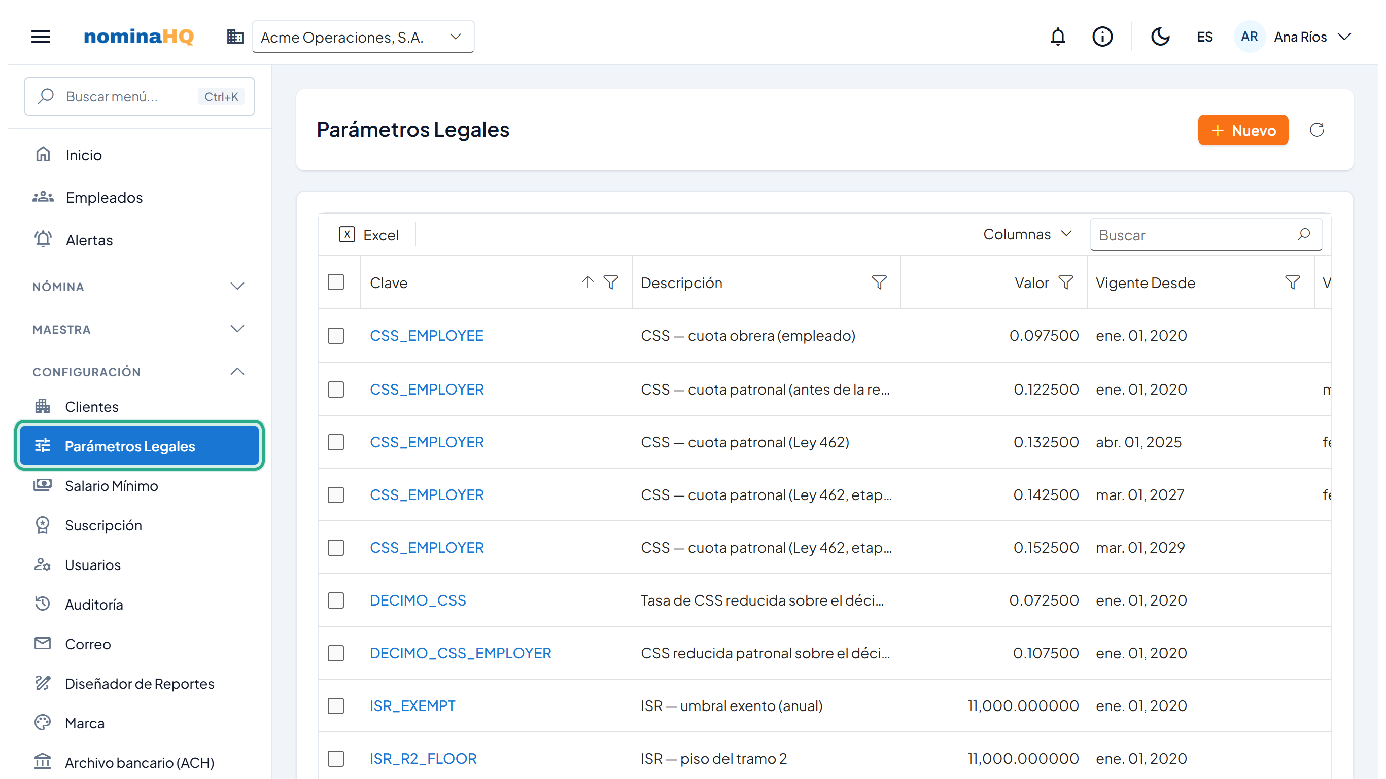 Pantalla Parámetros Legales con la lista de claves CSS_EMPLOYEE, CSS_EMPLOYER, DECIMO_CSS e ISR, sus valores y vigencias, y la opción del menú resaltada