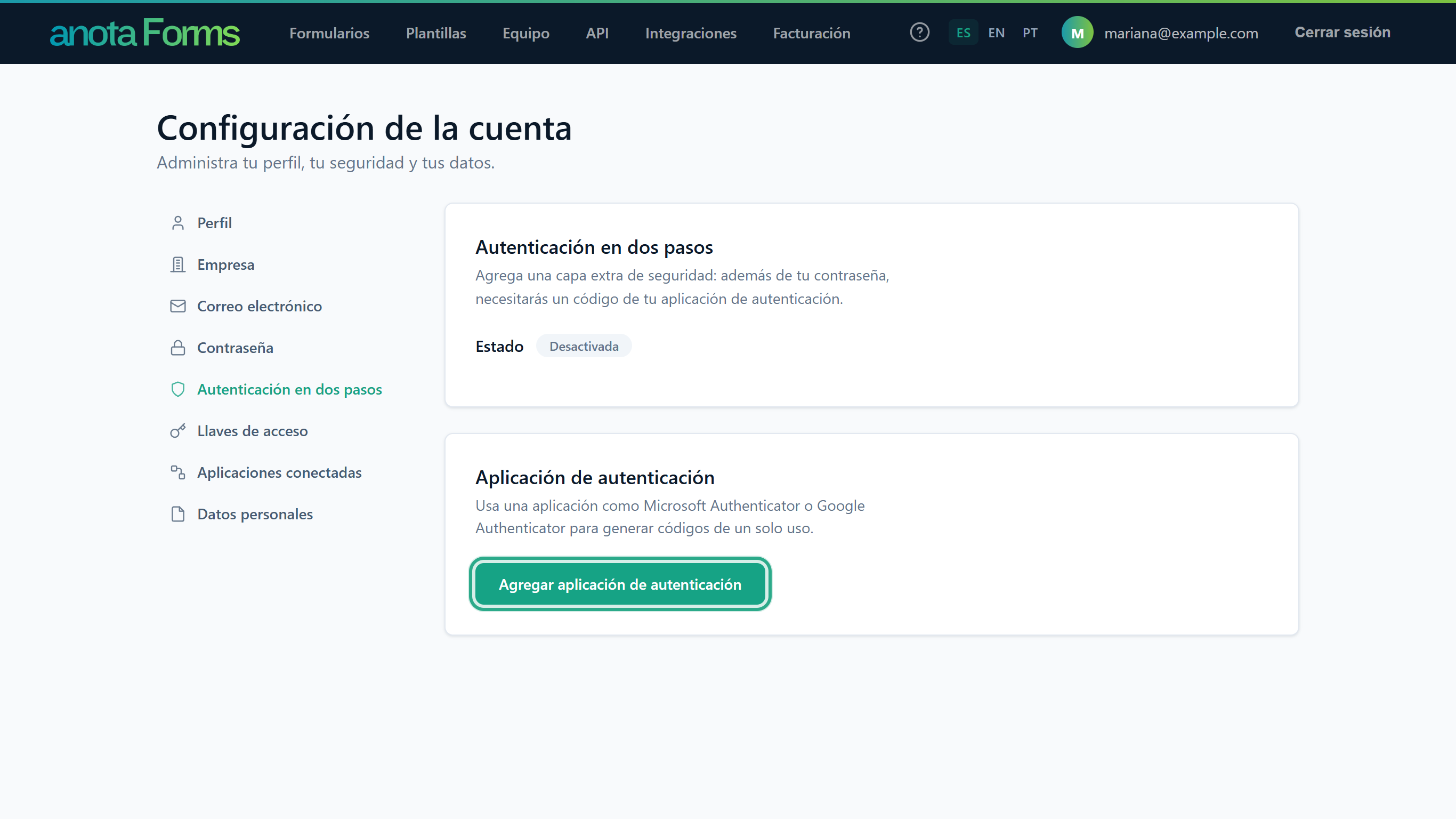 La sección Autenticación en dos pasos con Estado Desactivada y el botón Agregar aplicación de autenticación resaltado en la tarjeta Aplicación de autenticación