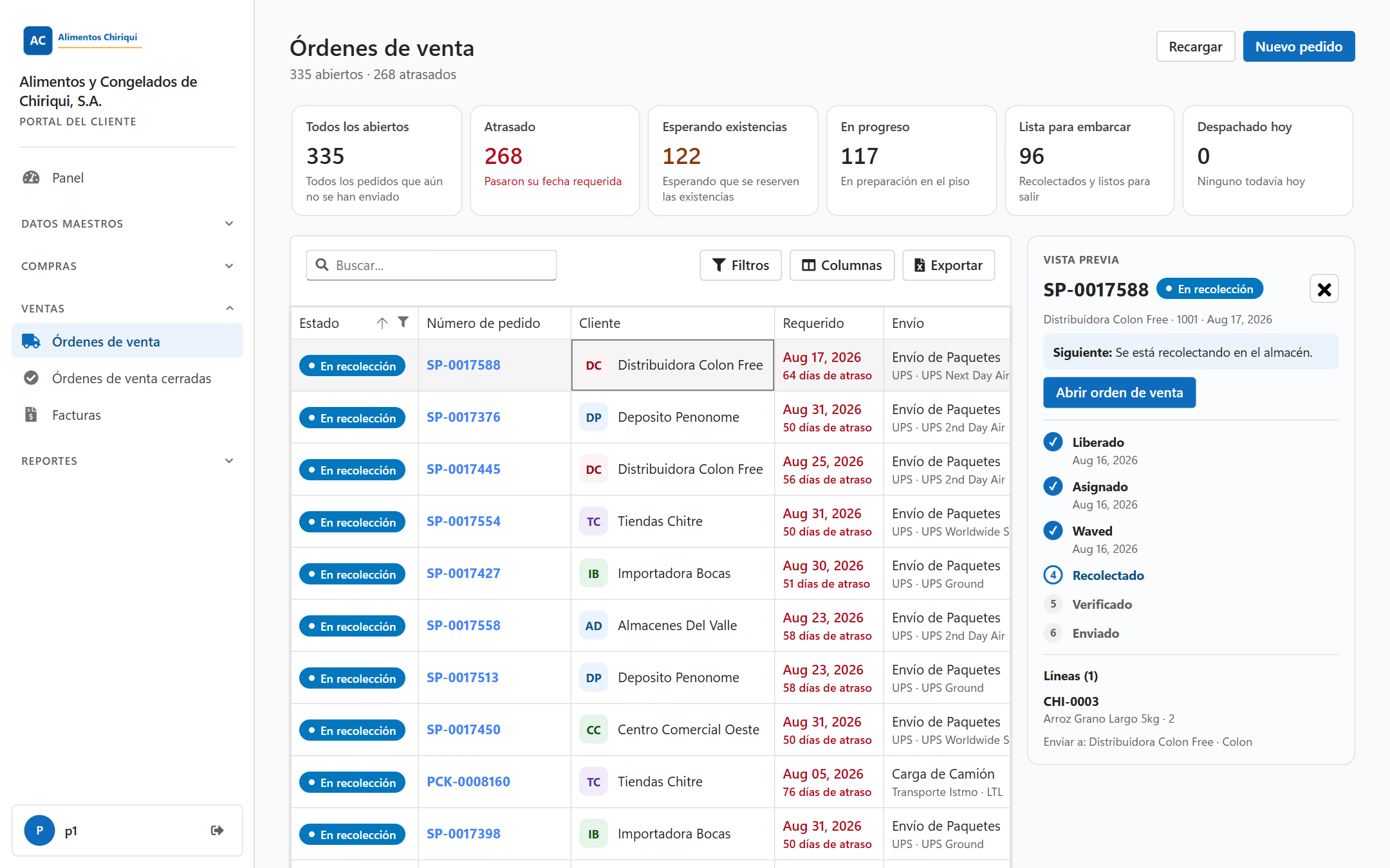 La lista Órdenes de venta con el panel de vista previa abierto a la derecha