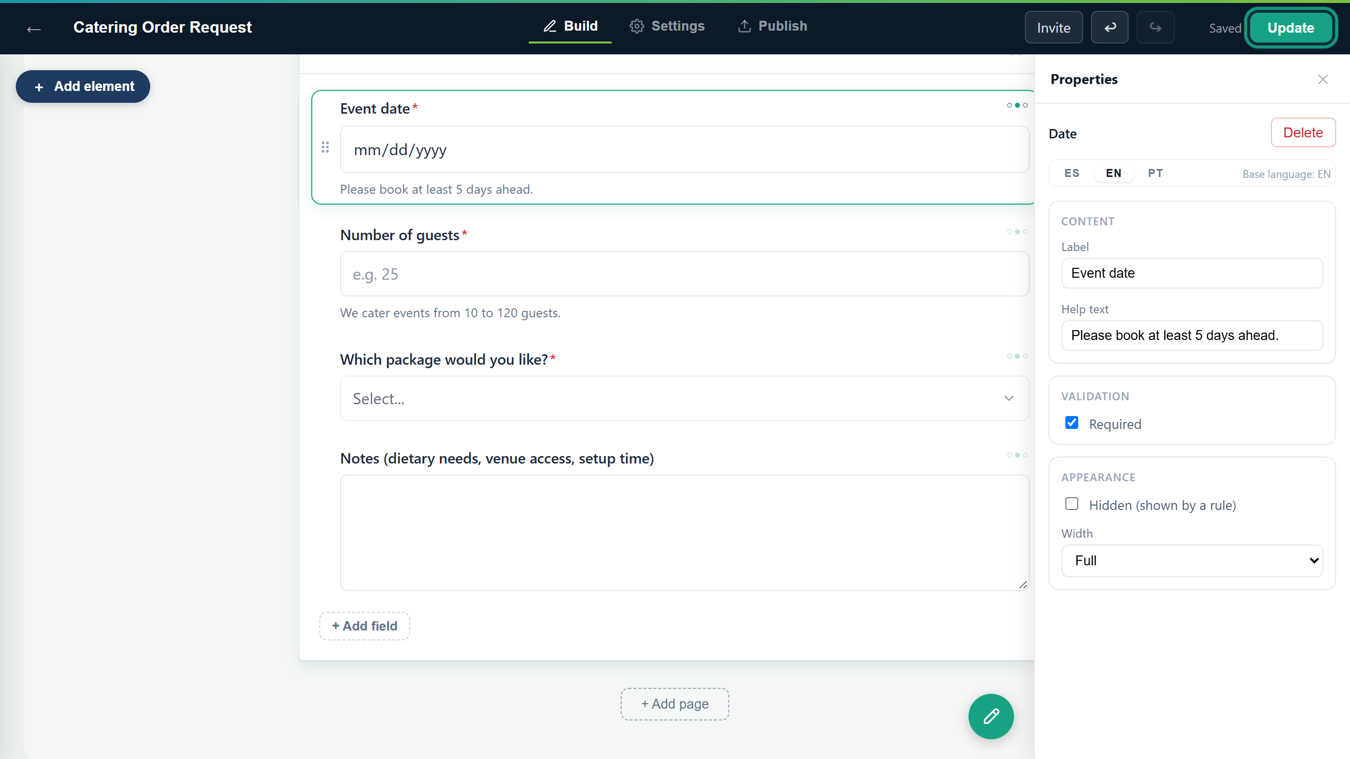 The Event date field with its new help text, and the Update button outlined in the top bar