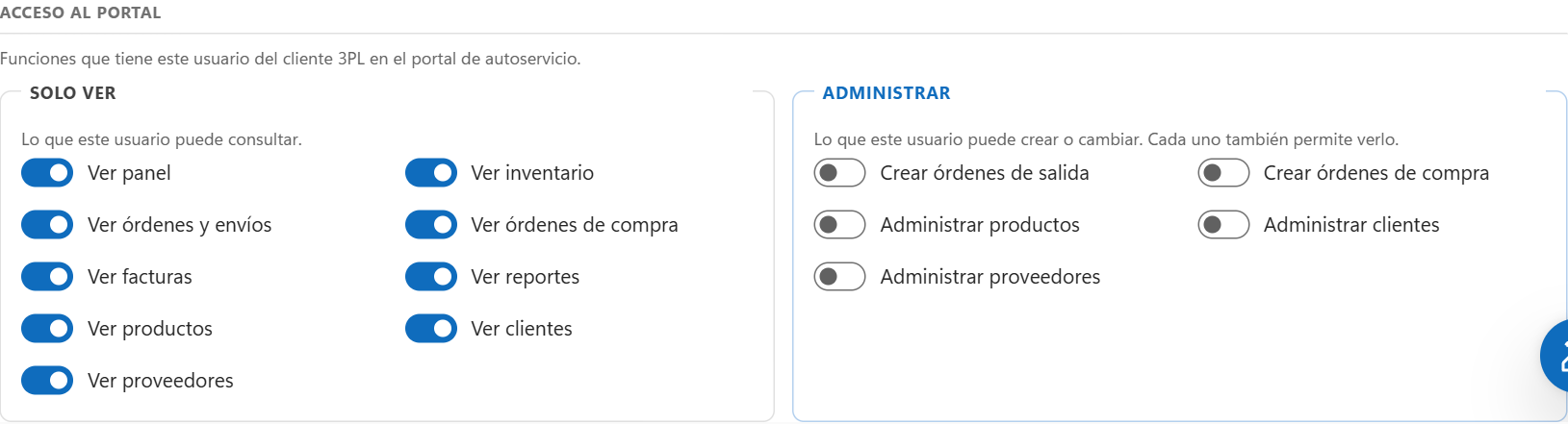 La tarjeta Acceso al portal con los grupos Solo ver y Administrar