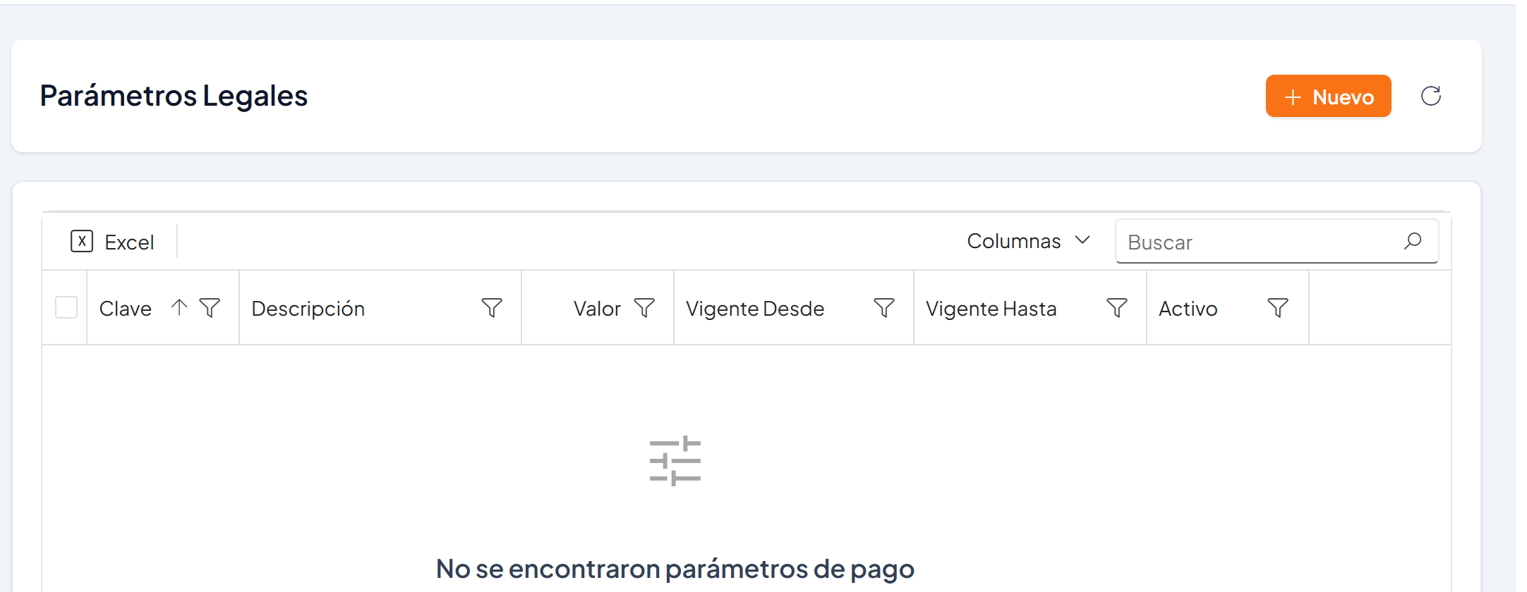 Pantalla Parámetros Legales sin parámetros registrados