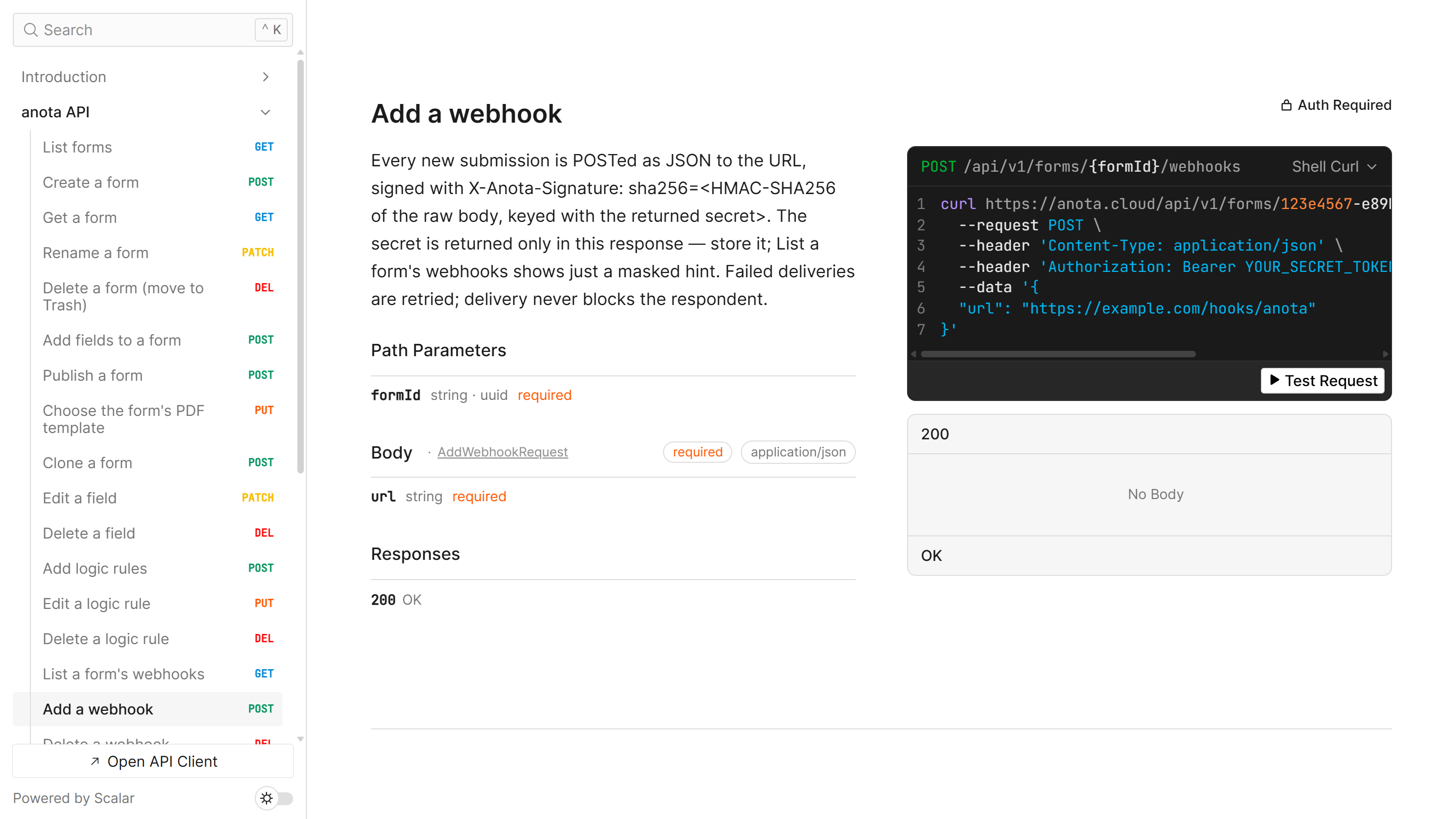 La operación Add a webhook: la descripción, el parámetro de ruta formId, el campo url del cuerpo y un ejemplo curl en Shell con el botón Test Request
