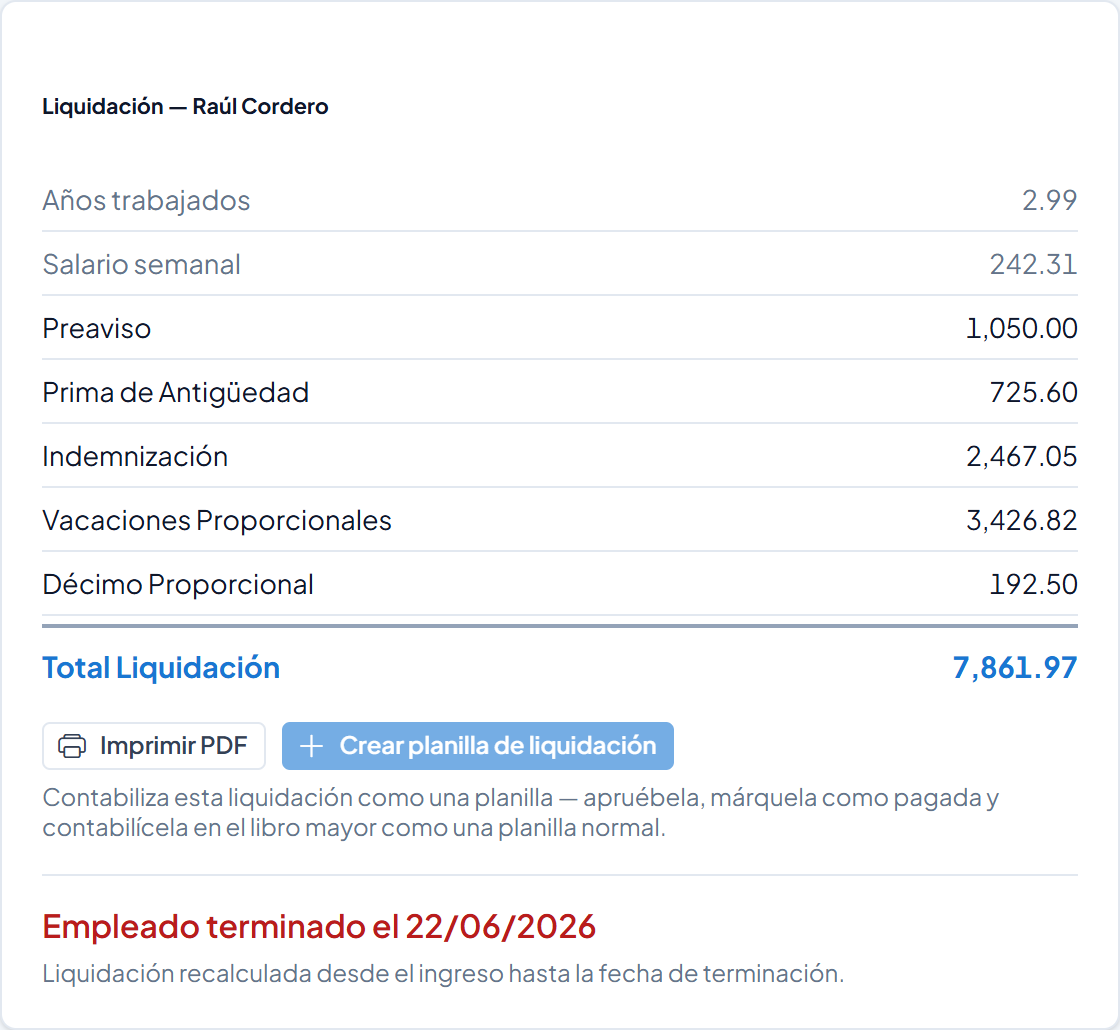 Liquidación de Raúl Cordero con el aviso Empleado terminado el 22/06/2026