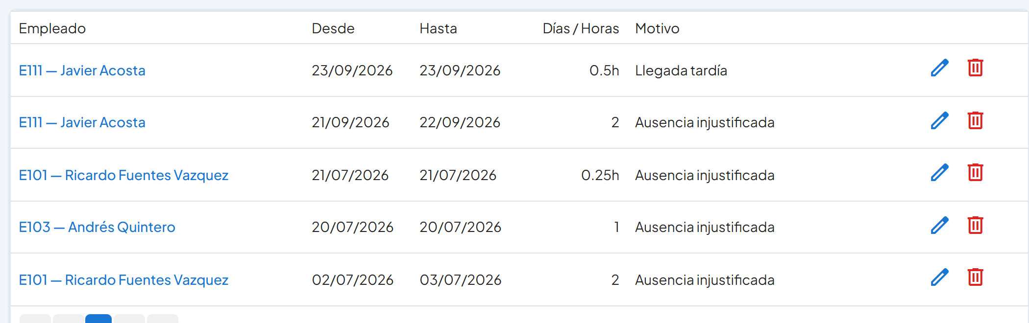 Lista de ausencias con la fila Llegada tardía de E111 del 23/09/2026 con 0.5h