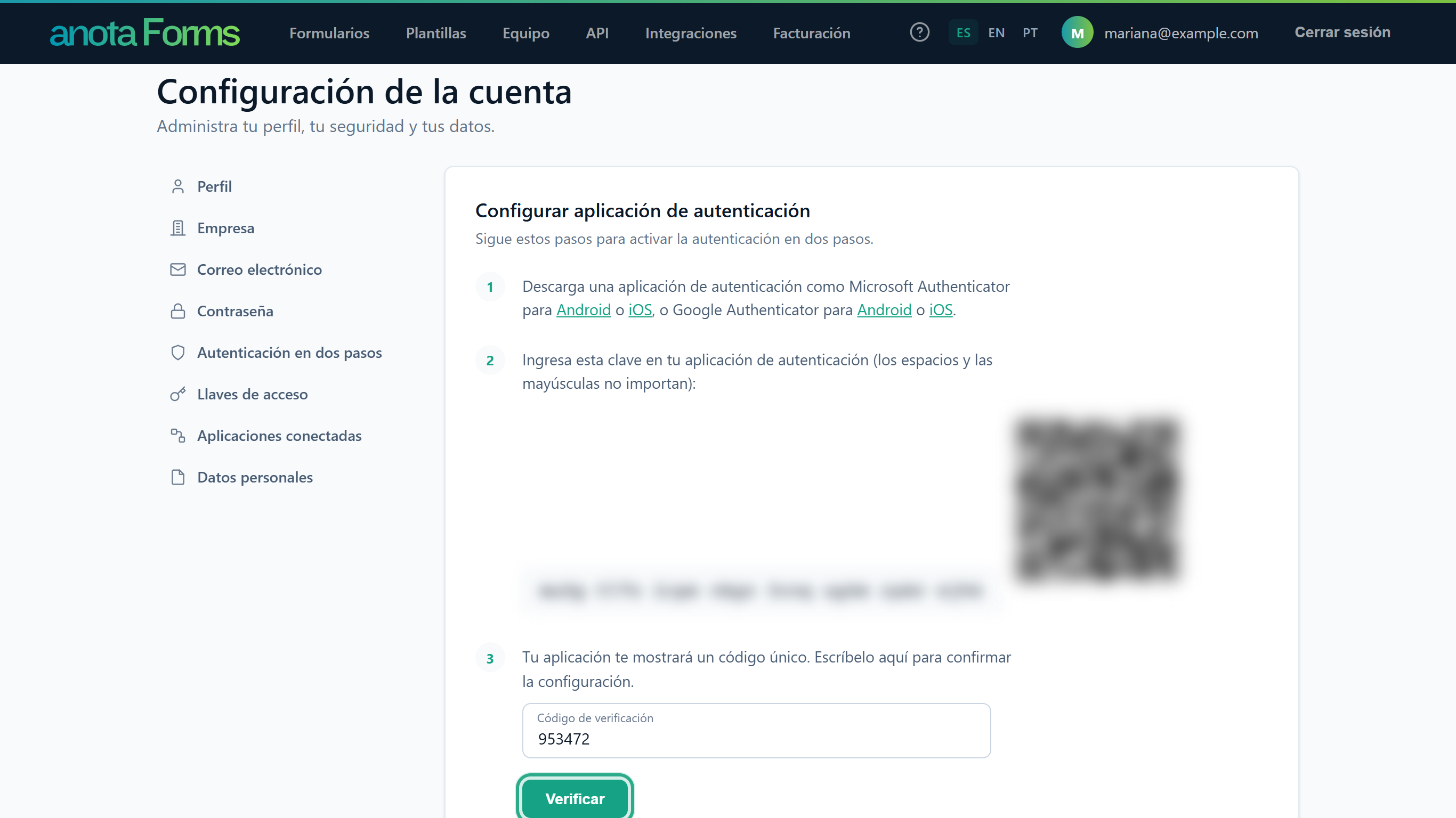 El cuadro Código de verificación lleno y el botón Verificar resaltado
