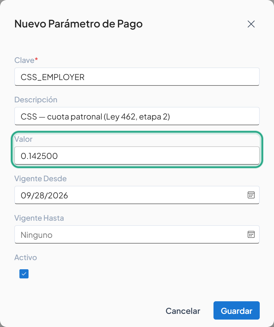 Campo Valor resaltado con 0.142500