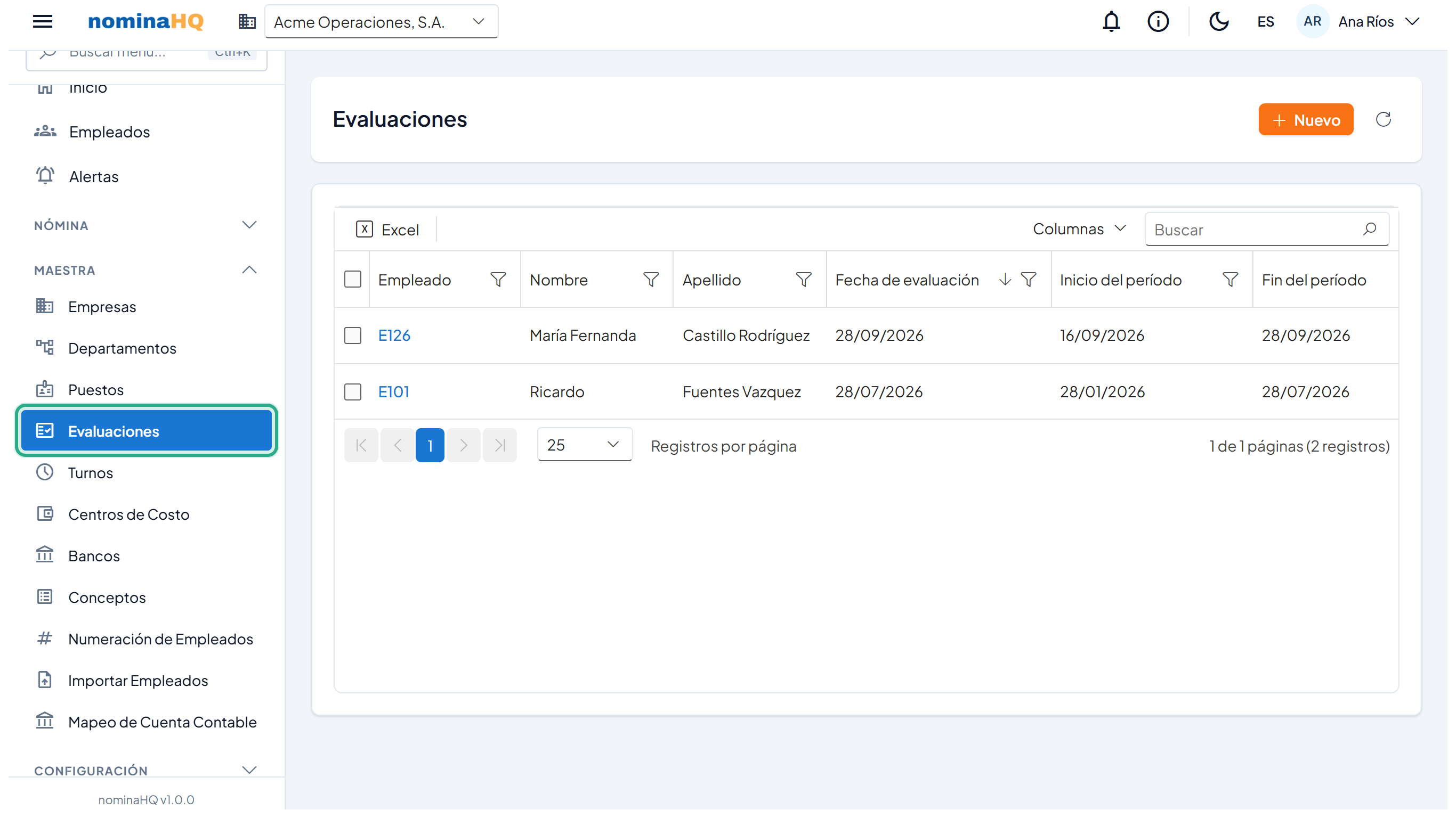 Menú Maestra con Evaluaciones resaltado y la lista de evaluaciones de la empresa
