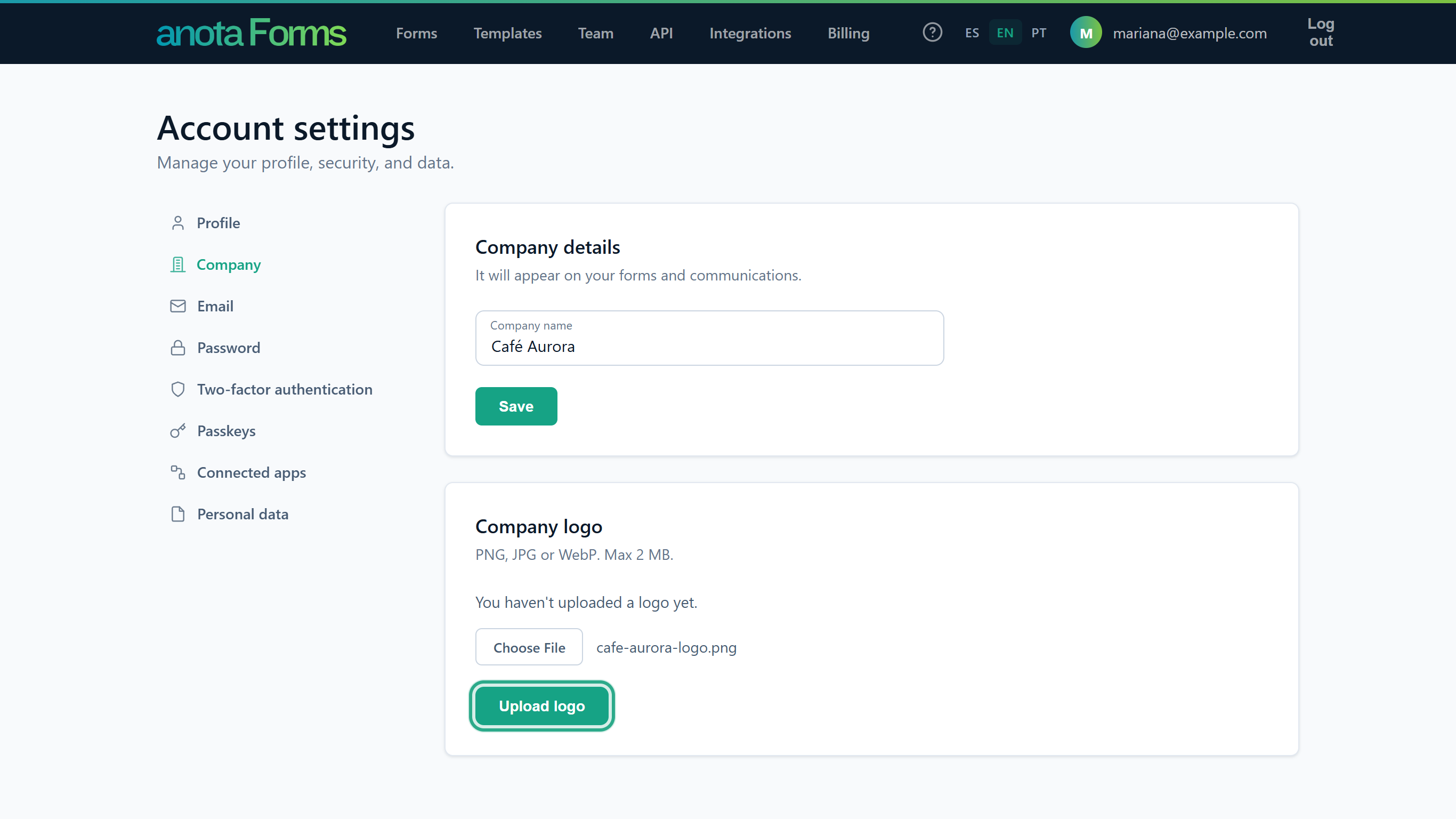 The Company page with the logo file cafe-aurora-logo.png chosen and the Upload logo button outlined