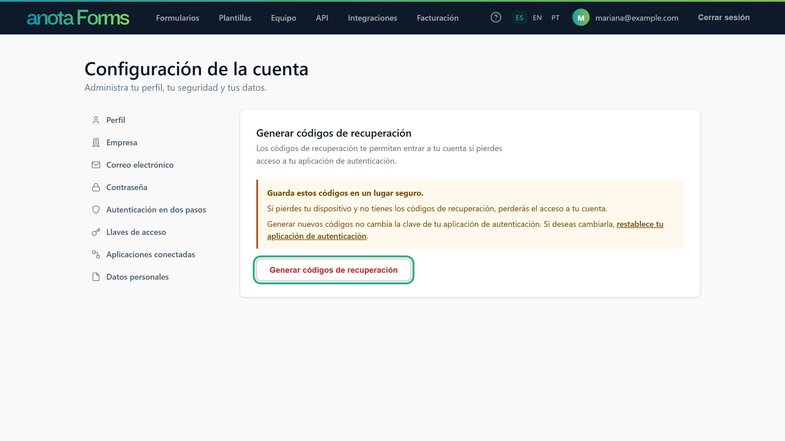 La tarjeta Generar códigos de recuperación con el aviso Guarda estos códigos en un lugar seguro. y el botón Generar códigos de recuperación resaltado