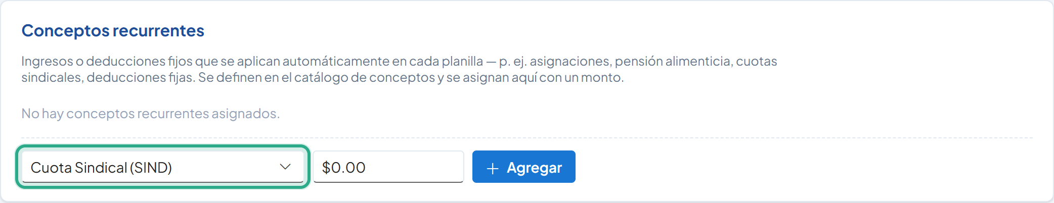 Lista de conceptos resaltada con Cuota Sindical (SIND) seleccionada