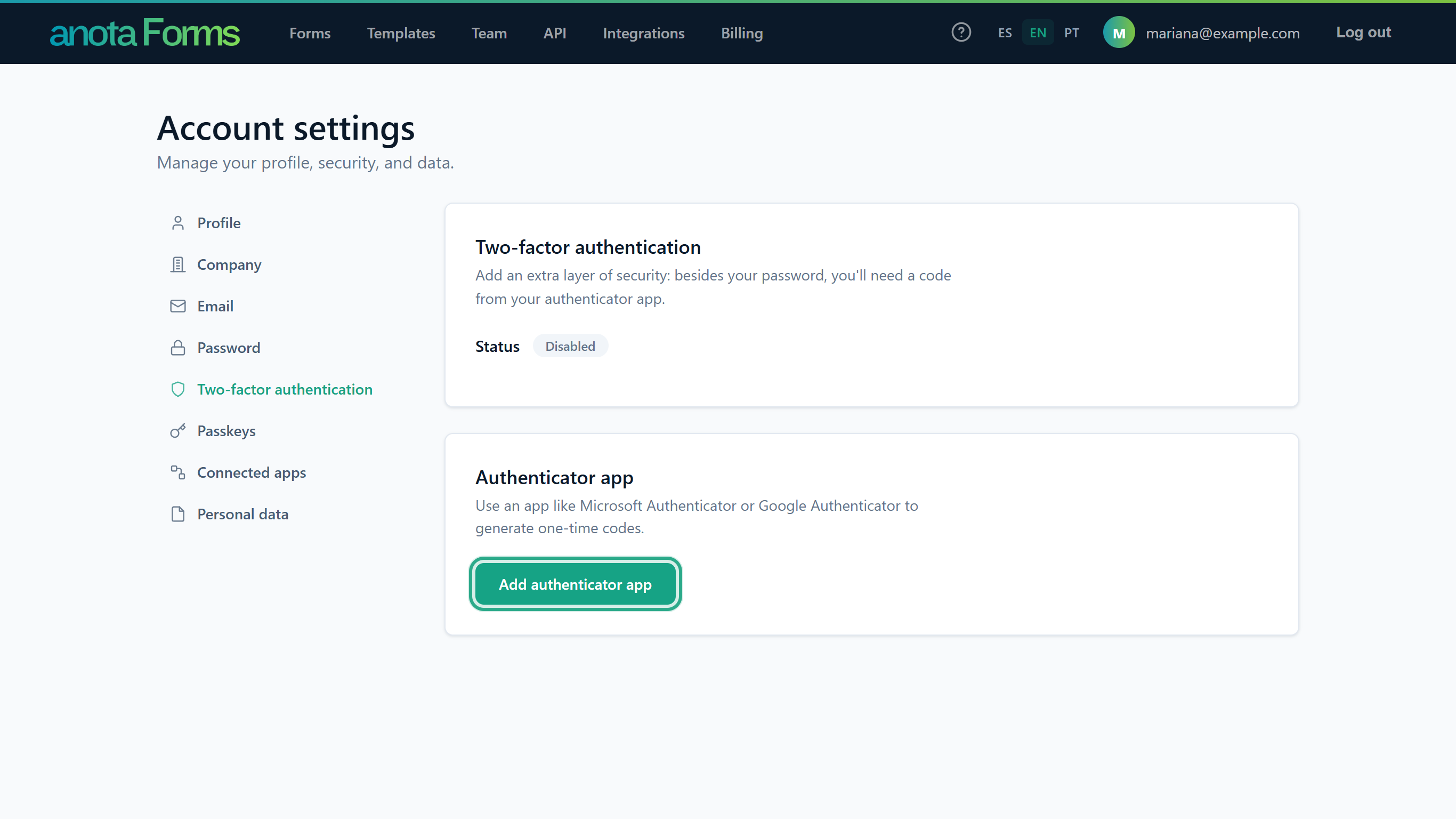 The Two-factor authentication section with Status Disabled and the Add authenticator app button outlined in the Authenticator app card