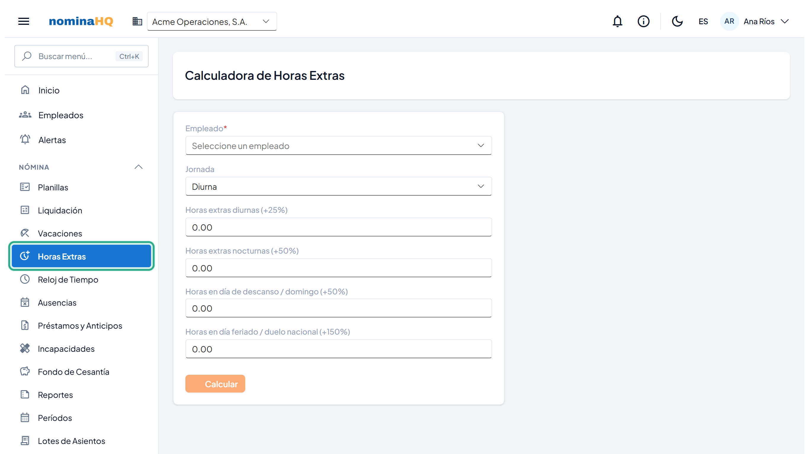 Pantalla Calculadora de Horas Extras con el menú Nómina → Horas Extras resaltado