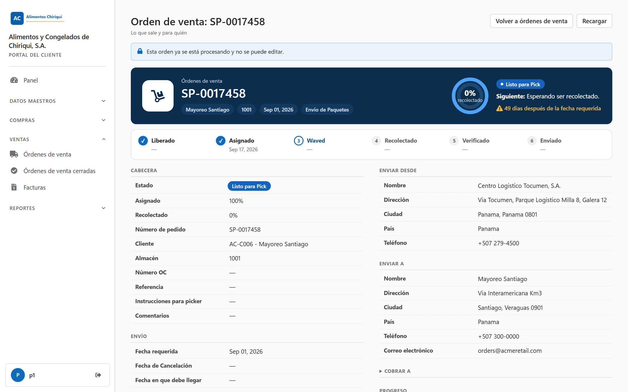 La página de una orden con la nota azul que dice que la orden ya se está procesando y no se puede editar
