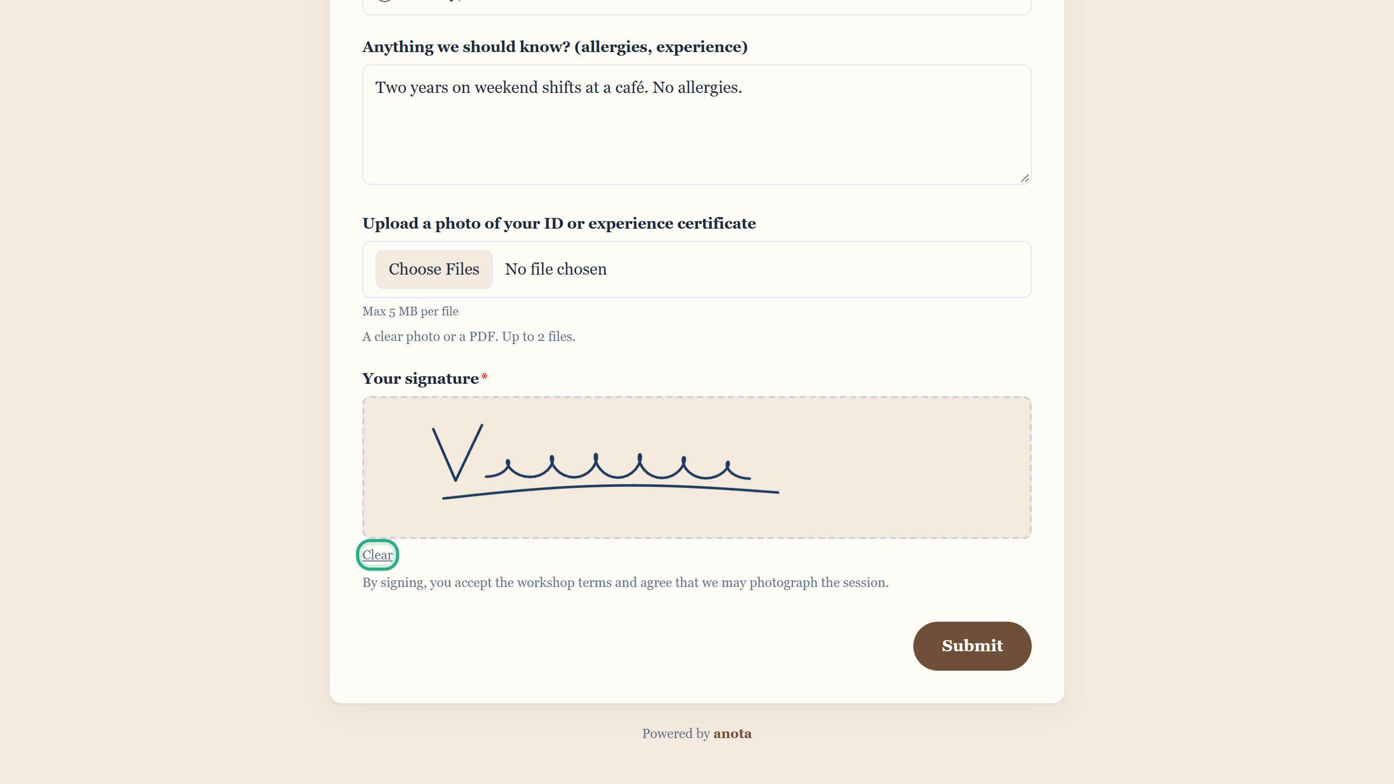 The Clear link under the signature pad outlined