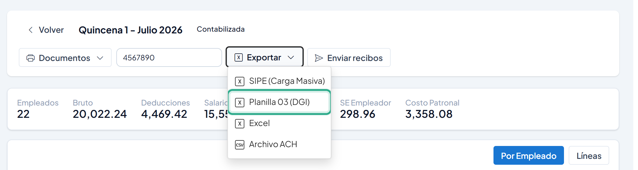 Menú Exportar abierto con la opción Planilla 03 (DGI) resaltada